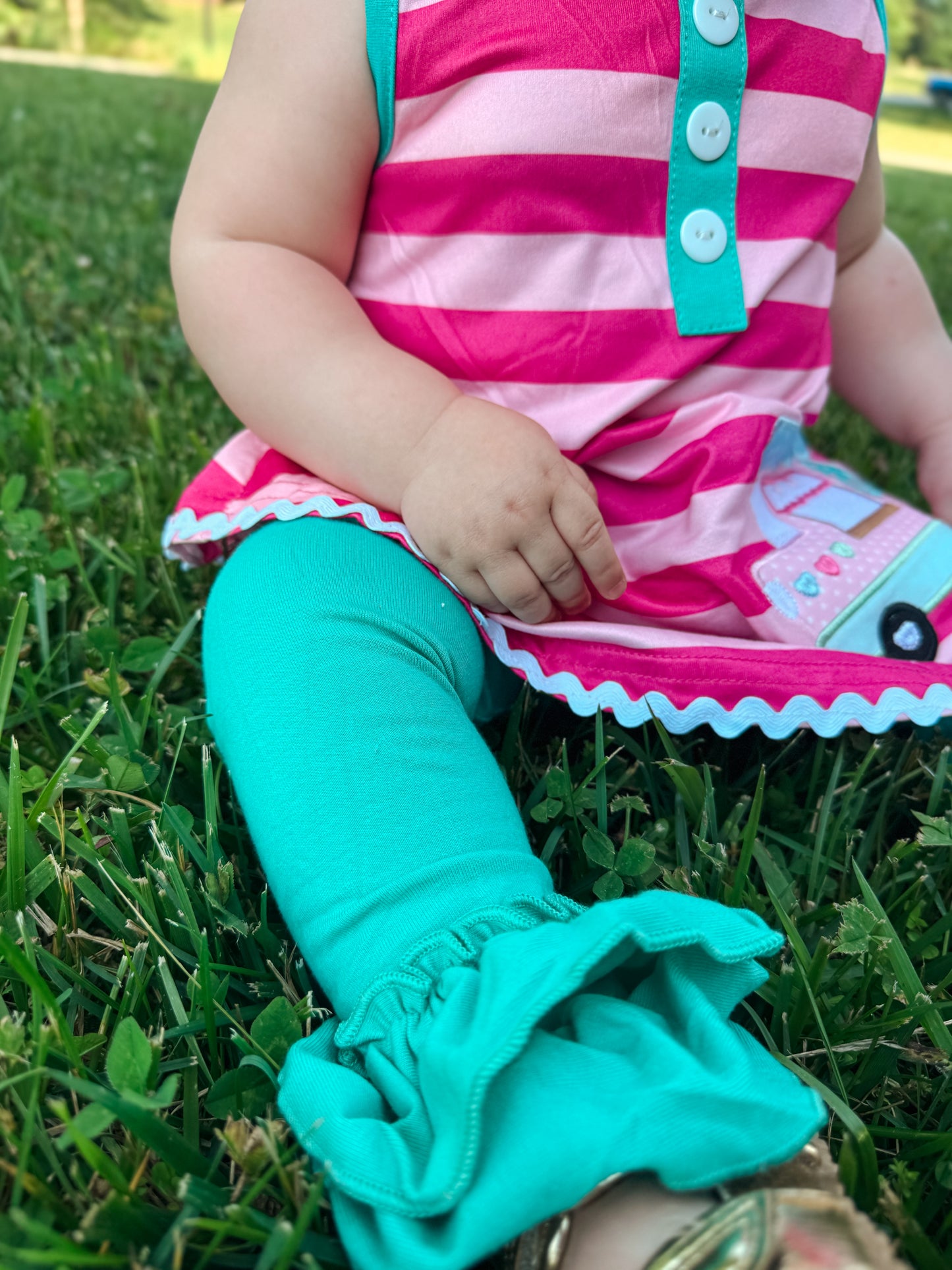 Girls Knit Pink Stripe Ice Cream Truck Ruffle Pant Set