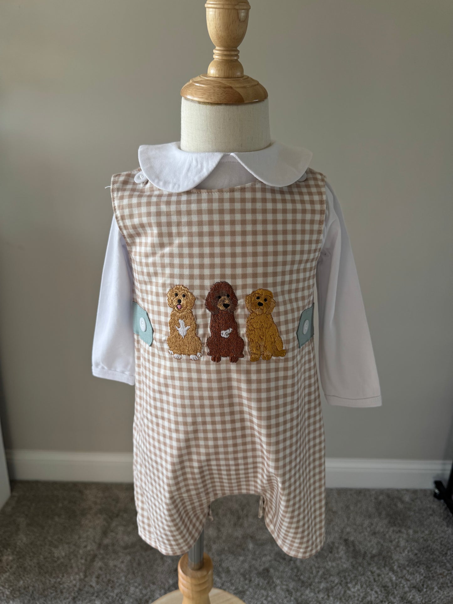 Embroidered Doodle Dog Jon Jon Gingham Overalls