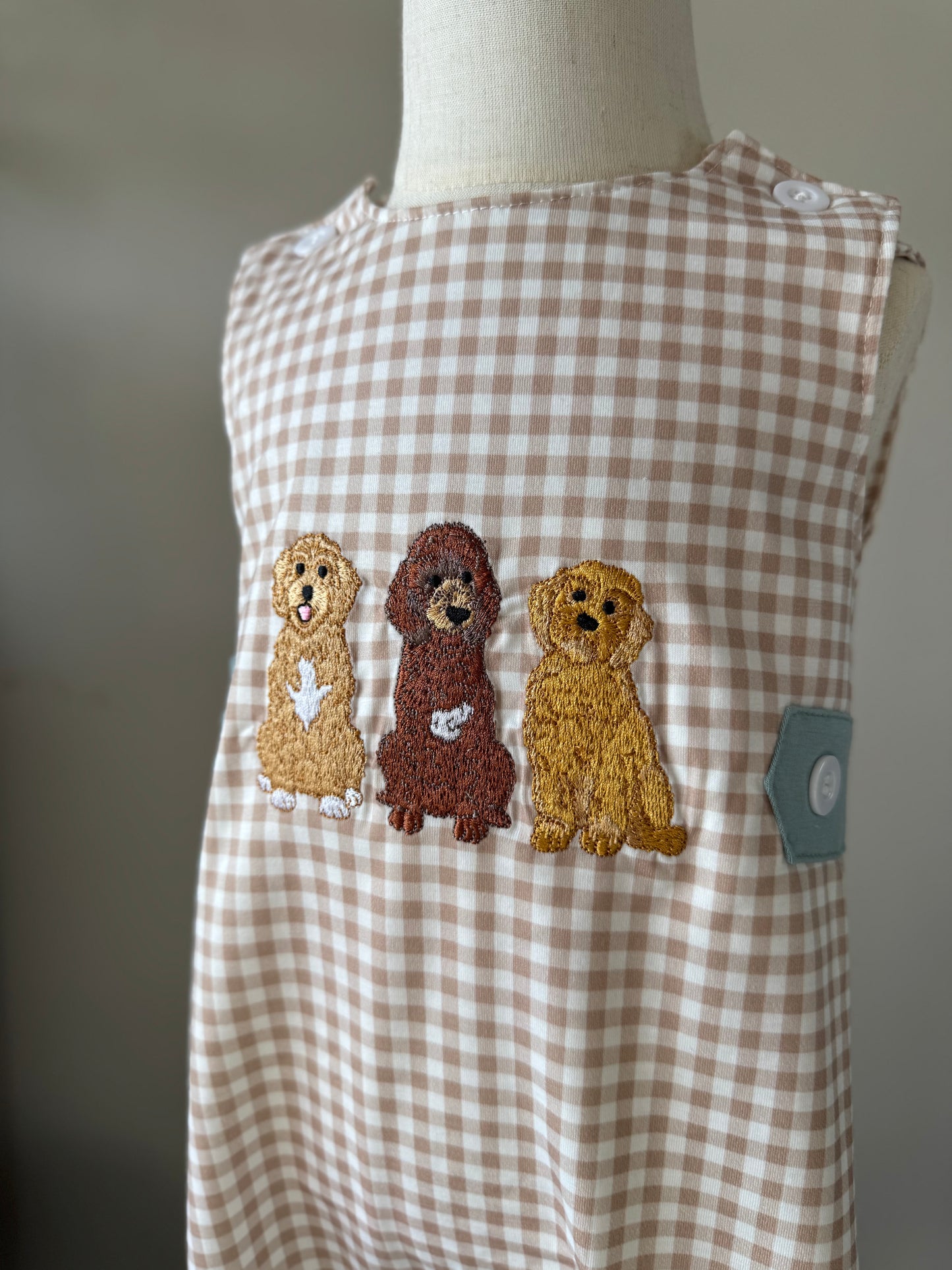 Embroidered Doodle Dog Jon Jon Gingham Overalls