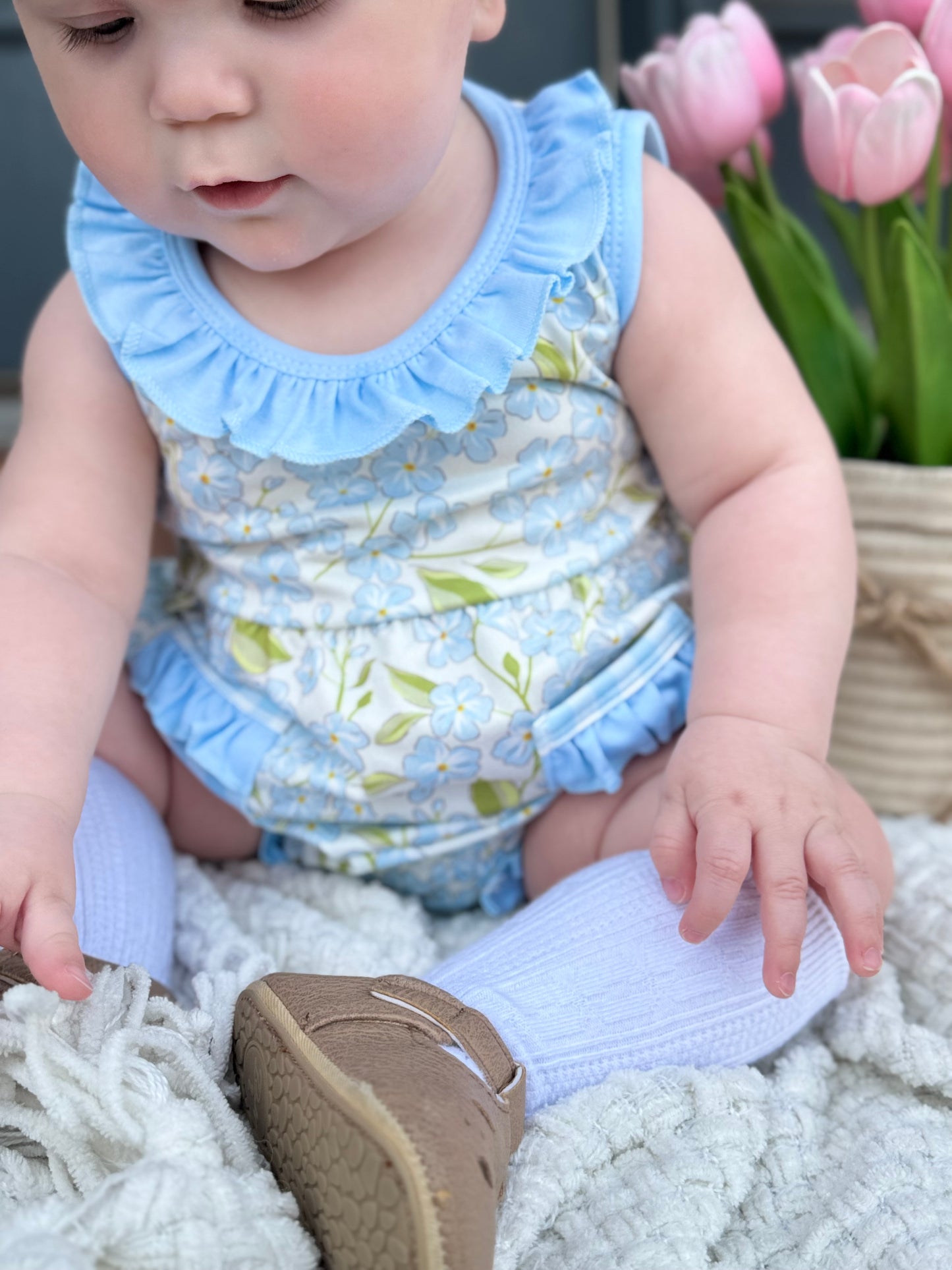 Light Blue Hydrangea Girls Bubble Romper