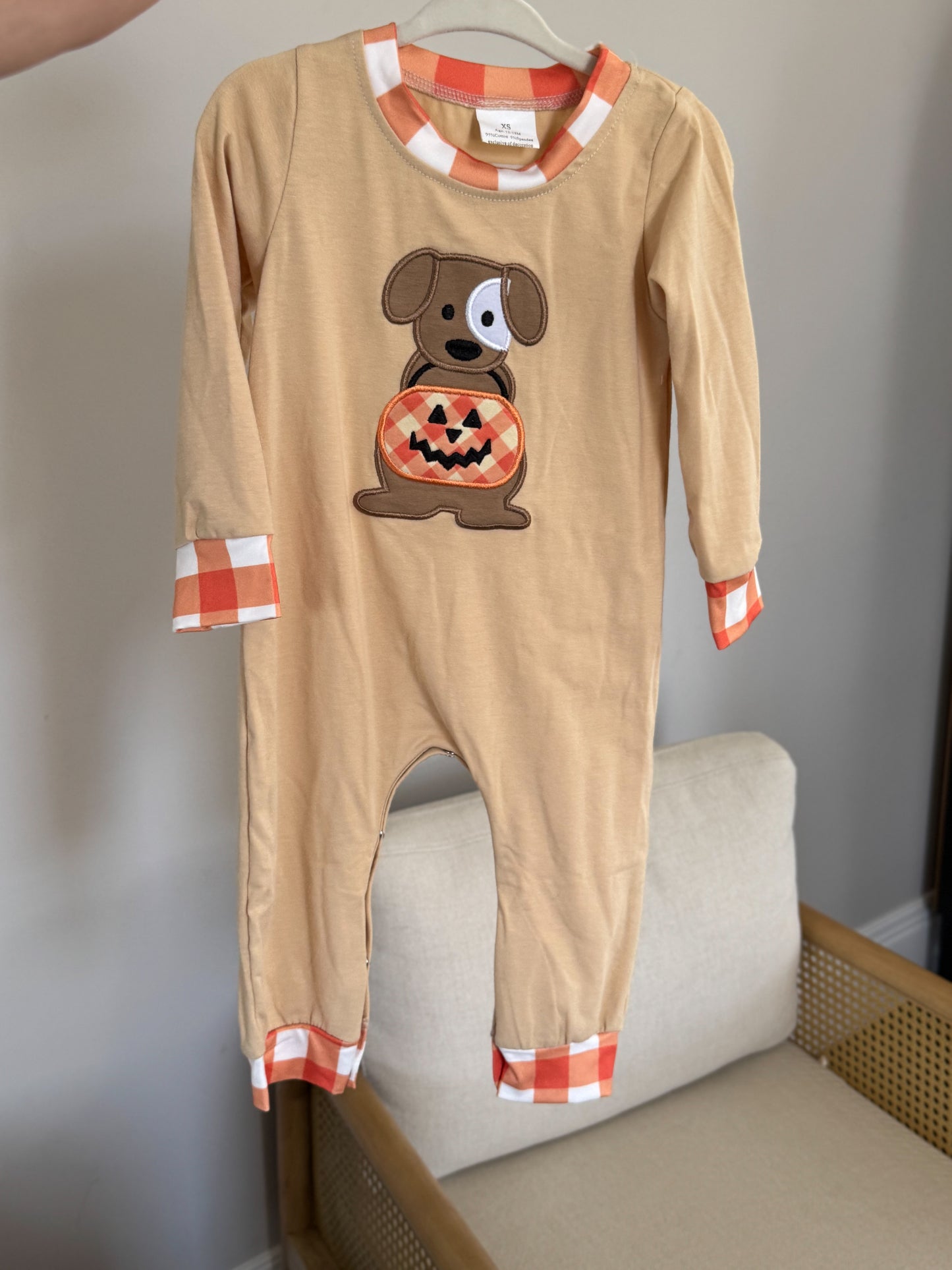Tan Boys Jack-o-Lantern Bubble Romper