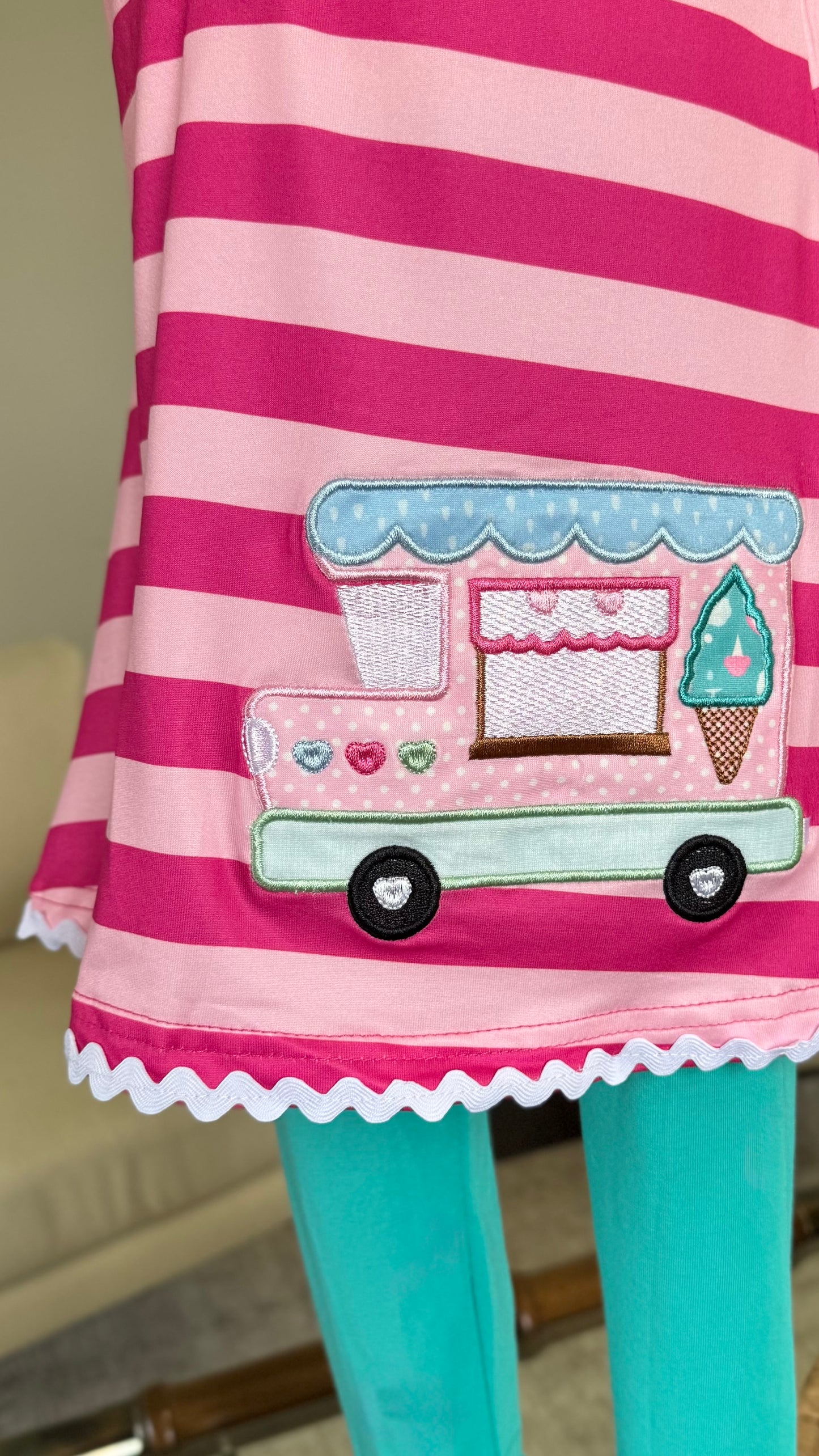 Girls Knit Pink Stripe Ice Cream Truck Ruffle Pant Set
