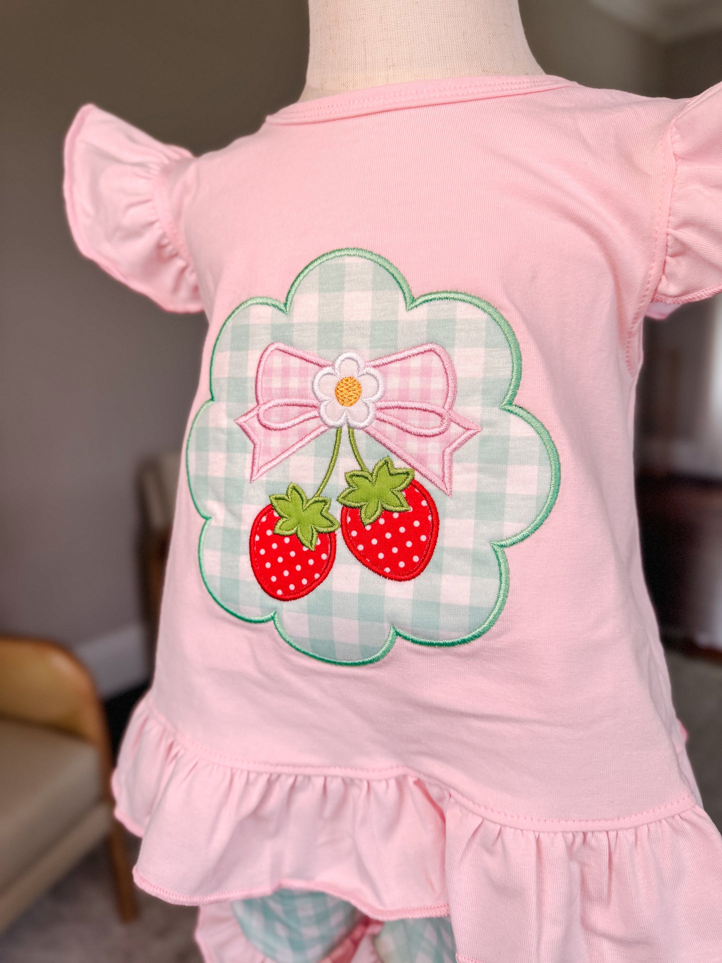 Strawberry Applique Girls Ruffle Short Set