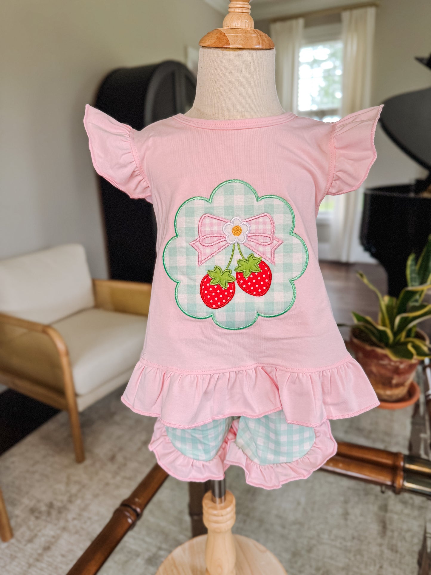 Strawberry Applique Girls Ruffle Short Set