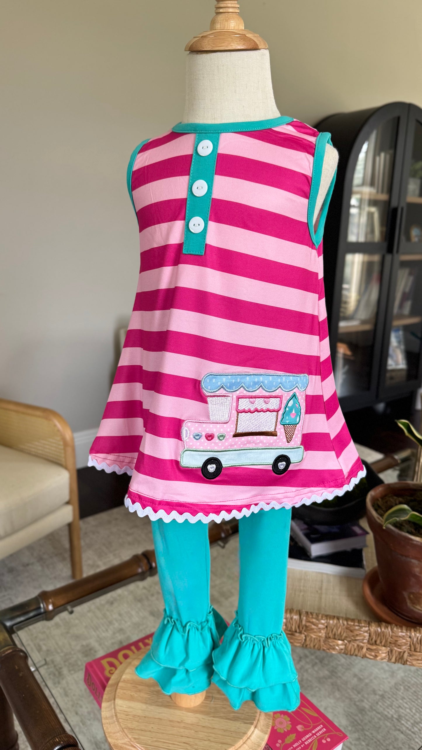 Girls Knit Pink Stripe Ice Cream Truck Ruffle Pant Set