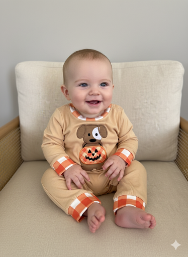 Tan Boys Jack-o-Lantern Bubble Romper