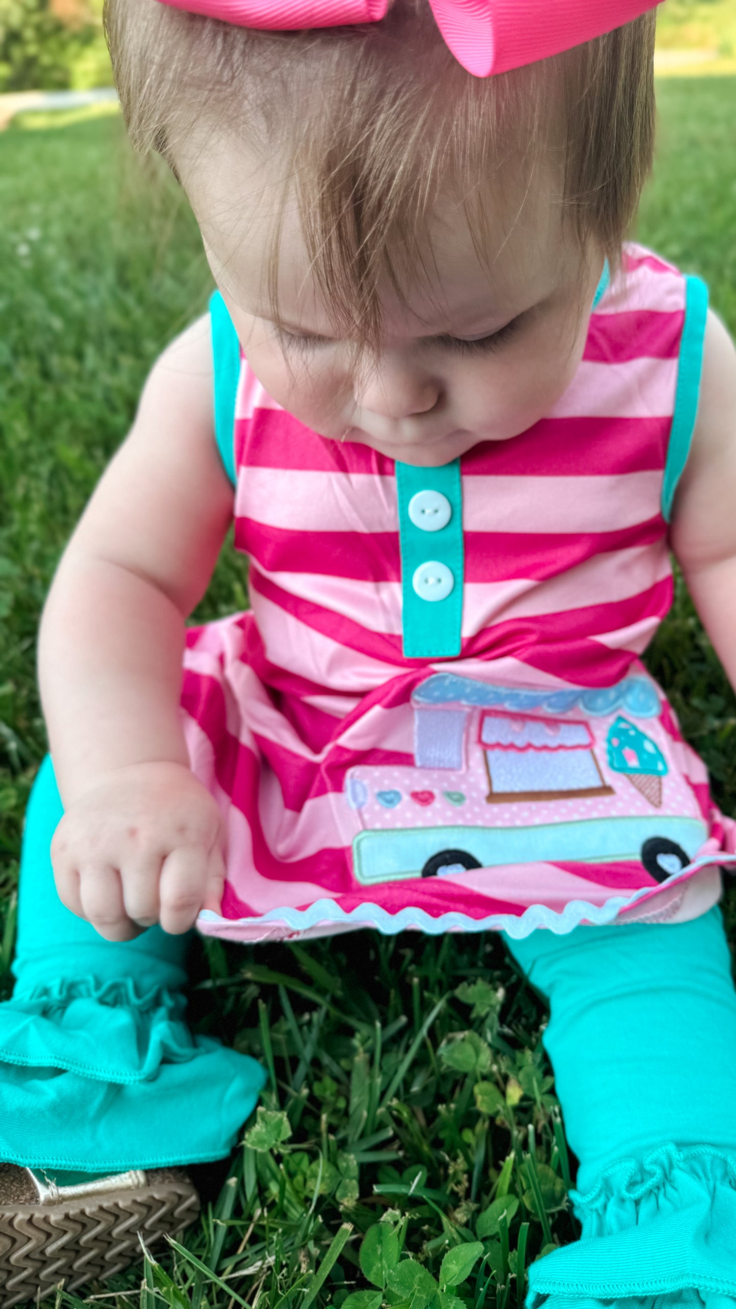 Girls Knit Pink Stripe Ice Cream Truck Ruffle Pant Set