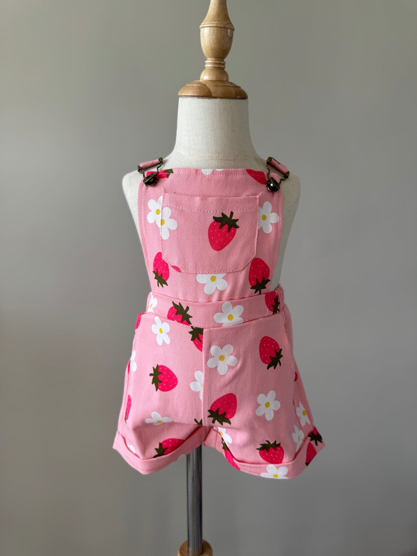 Pink Strawberry Denim Overall Shorts