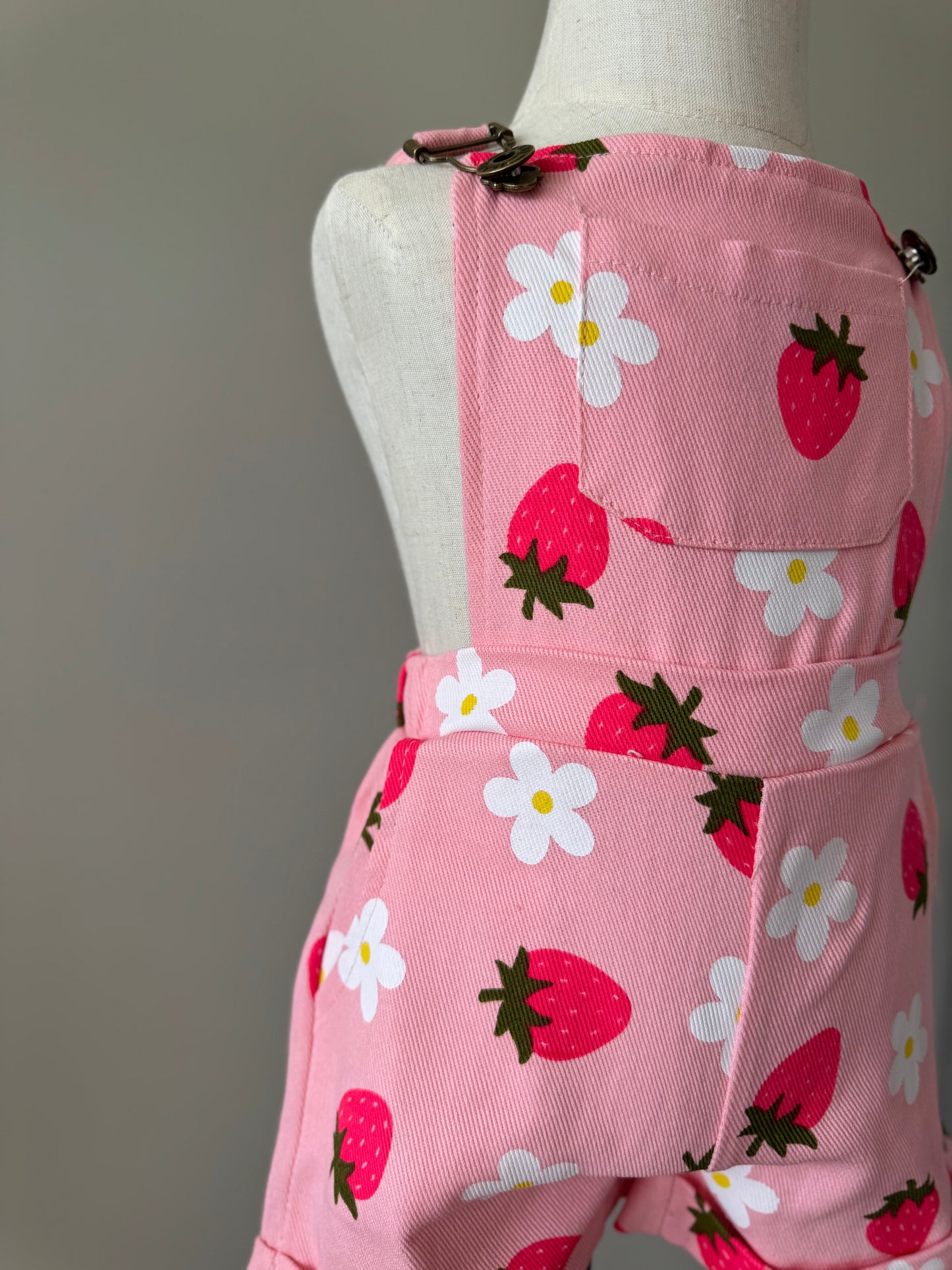 Pink Strawberry Denim Overall Shorts