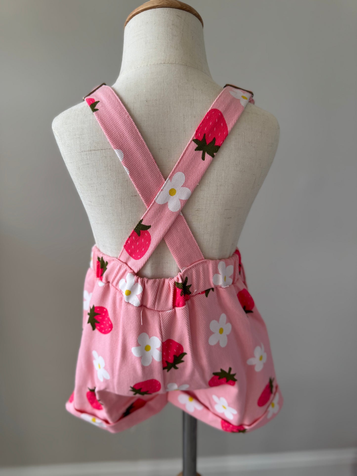 Pink Strawberry Denim Overall Shorts