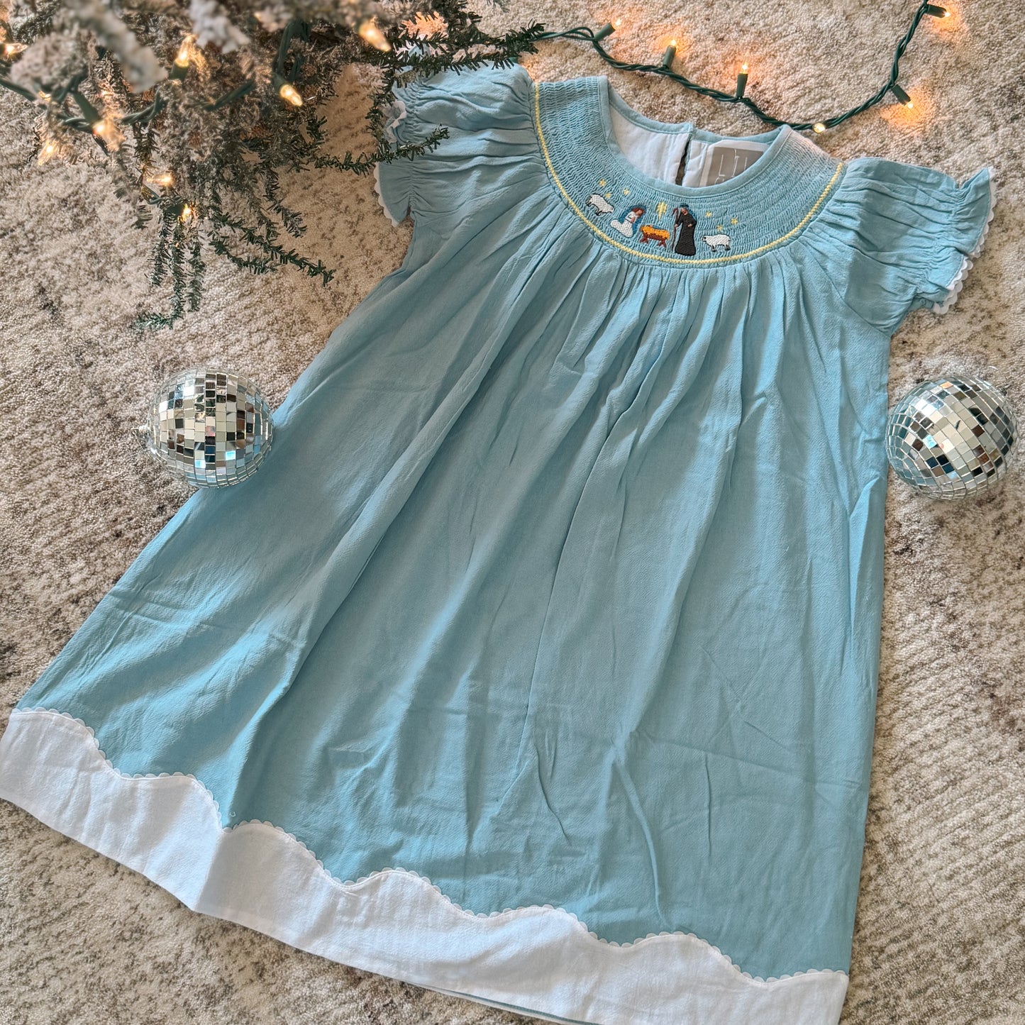 Light Blue Nativity Smocked Bishop Sleeve Dress