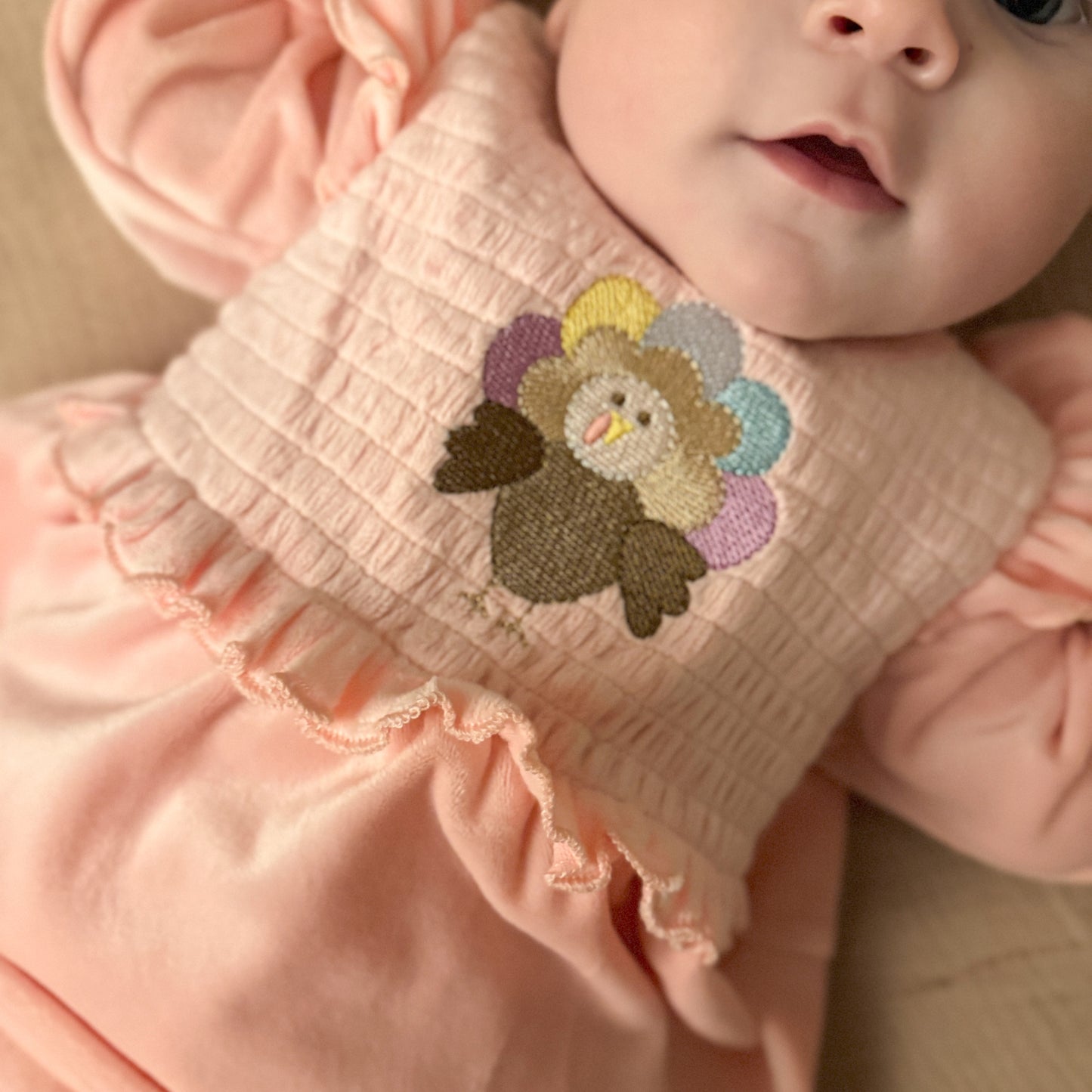 Pink Embroidered Turkey Velvet Baby Thanksgiving Set