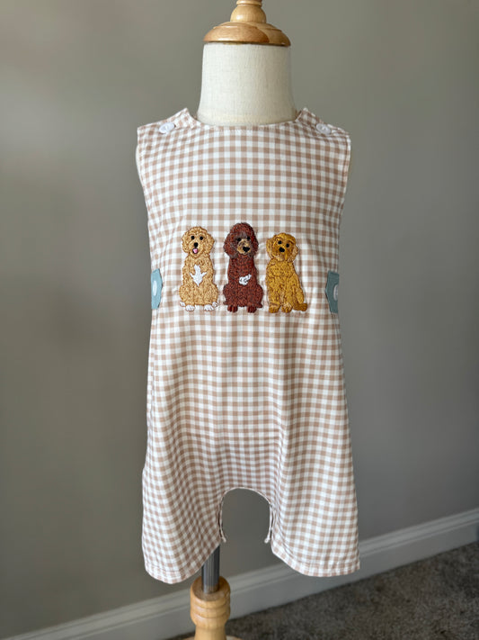 Embroidered Doodle Dog Jon Jon Gingham Overalls