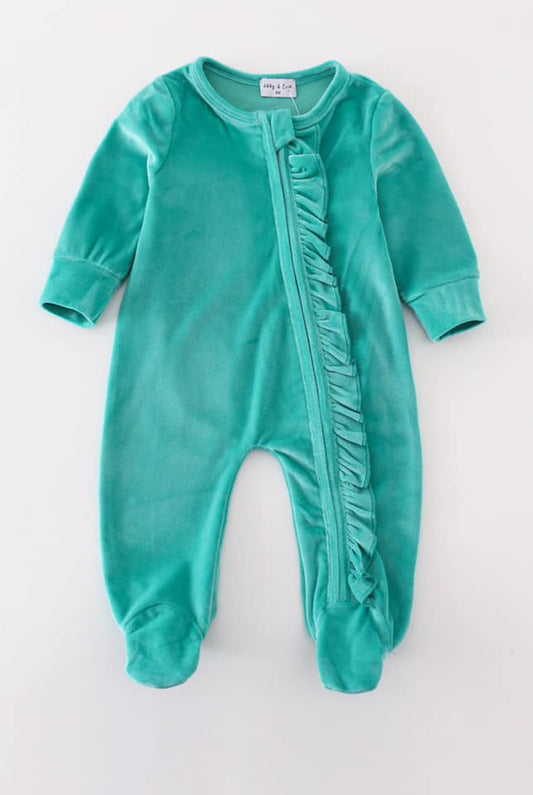 Turquoise Velvet Baby Ruffle Zip Romper