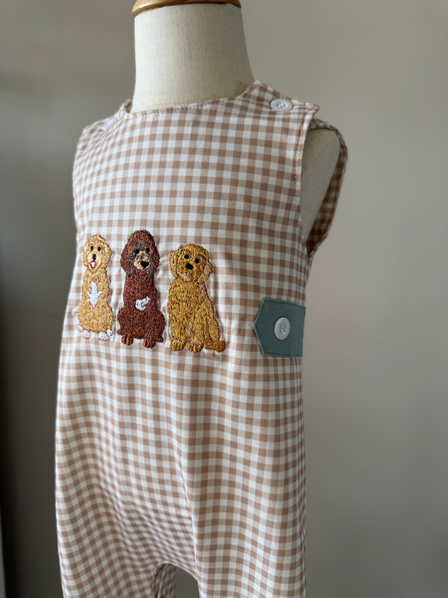 Embroidered Doodle Dog Jon Jon Gingham Overalls