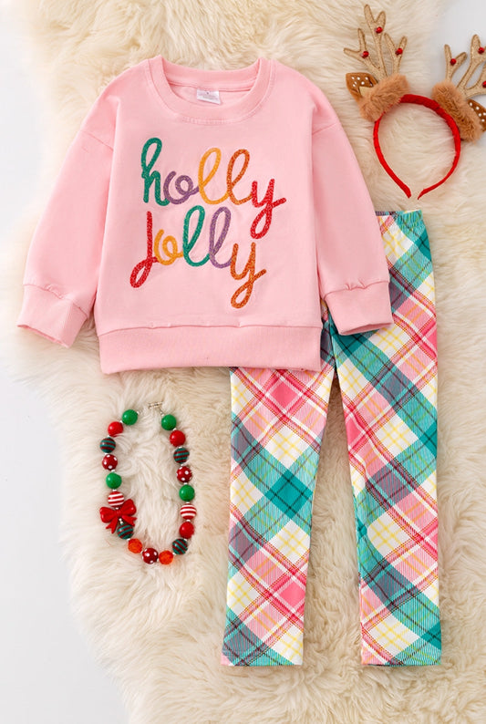 Holly Jolly Embroidered Sweatshirt & Plaid Leggings