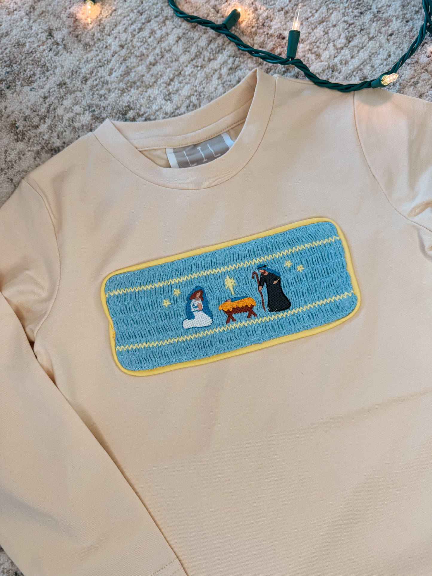 Light Brown Nativity Smocked Shirt and Blue Pants