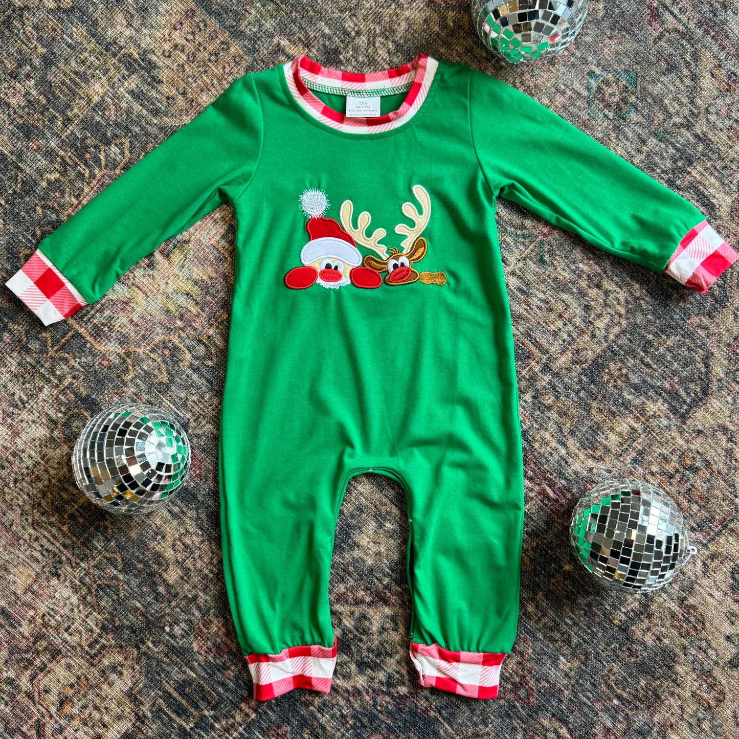 Green Santa Reindeer Appliqué Baby Boy Romper