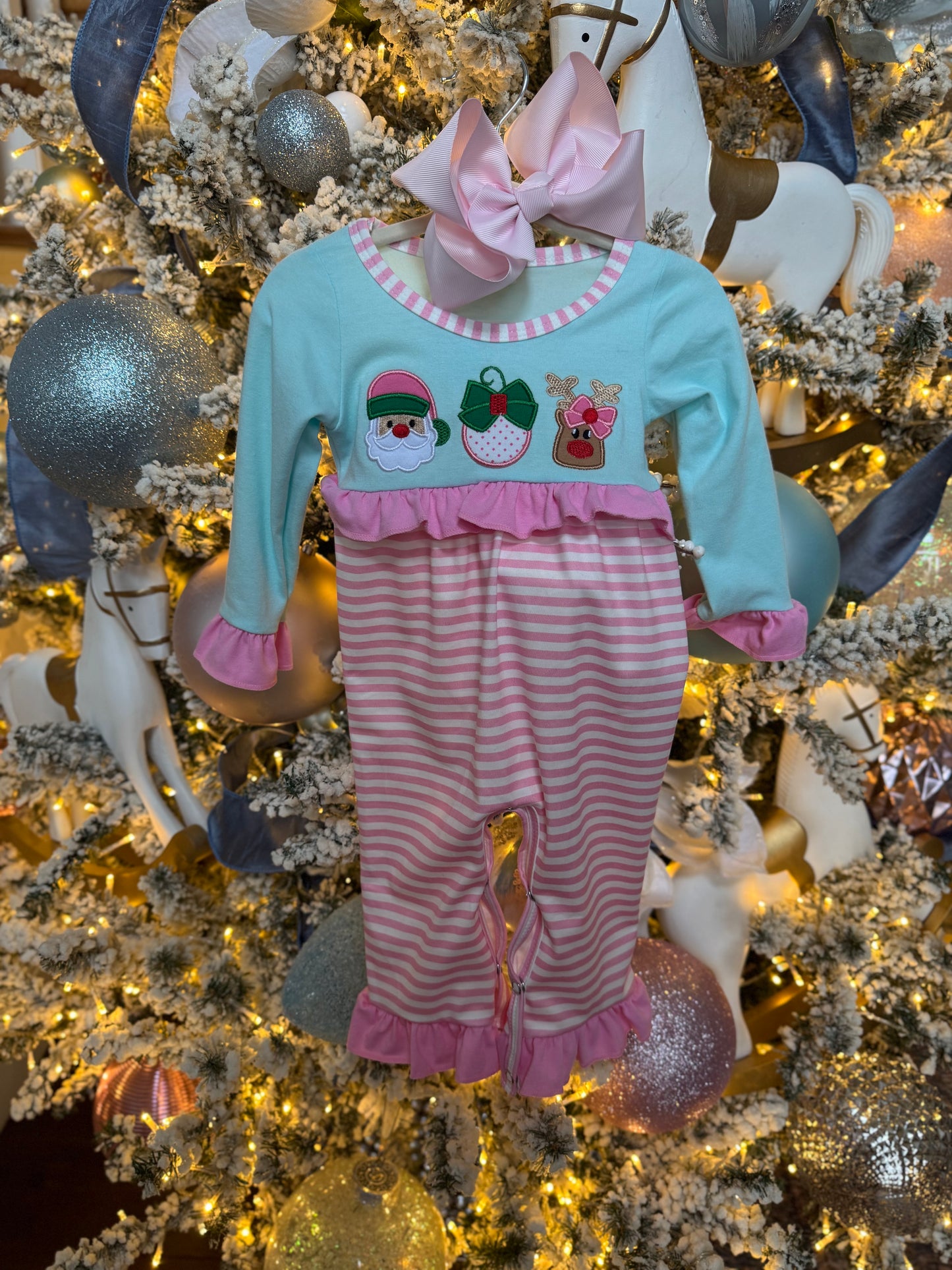 Pink Christmas Santa Reindeer Ornament Appliqué Ruffle Romper