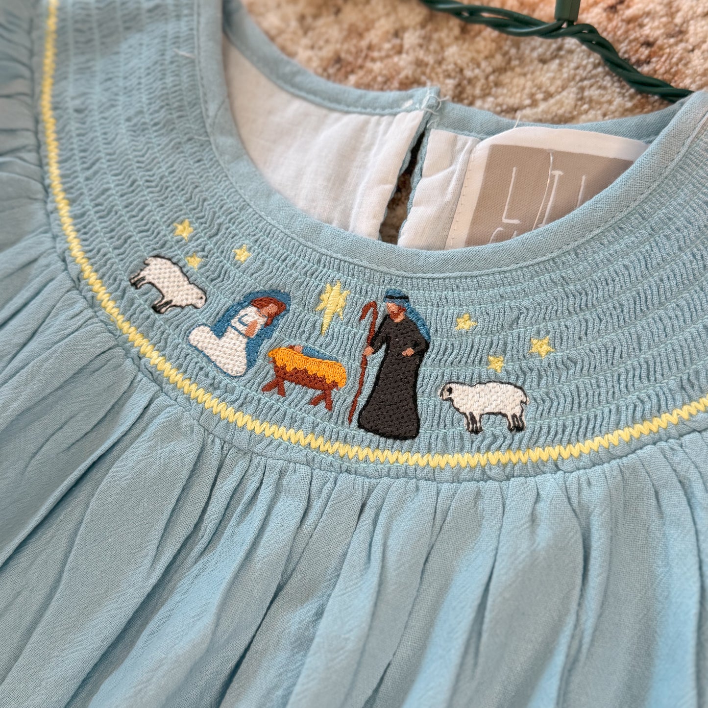 Light Blue Nativity Smocked Bishop Sleeve Dress