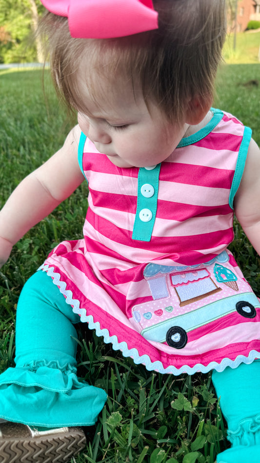 Girls Knit Pink Stripe Ice Cream Truck Ruffle Pant Set