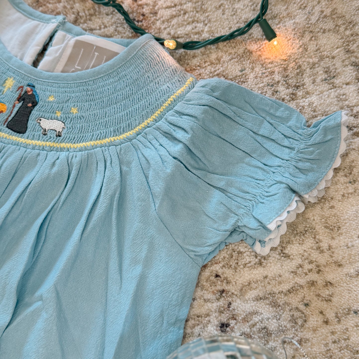 Light Blue Nativity Smocked Bishop Sleeve Dress