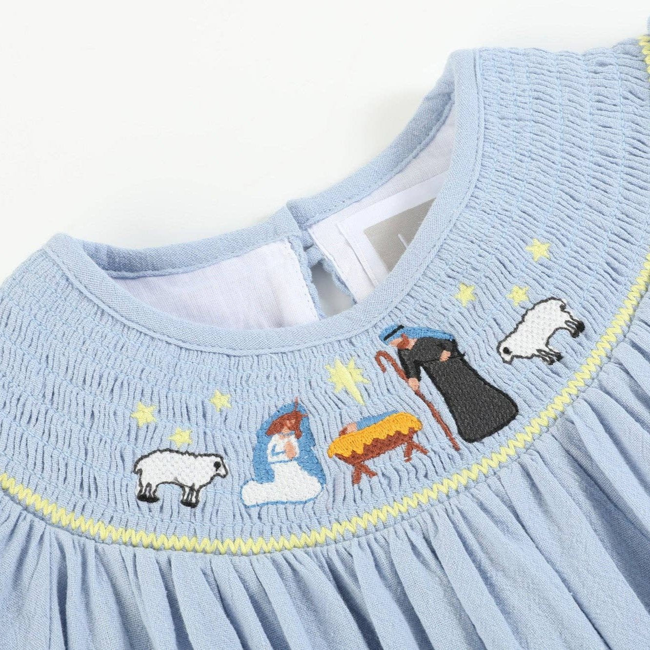 Light Blue Nativity Smocked Bishop Sleeve Dress