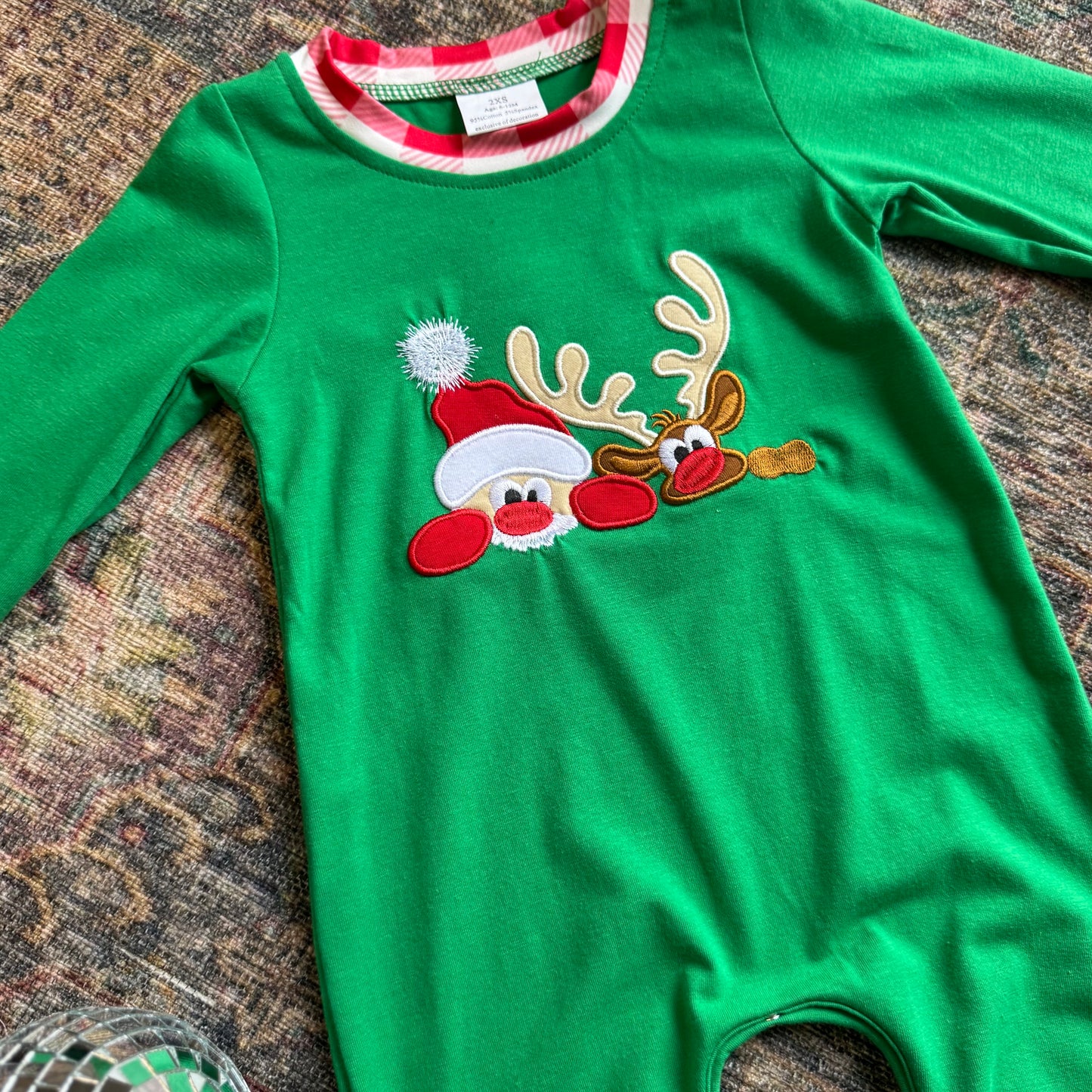 Green Santa Reindeer Appliqué Baby Boy Romper