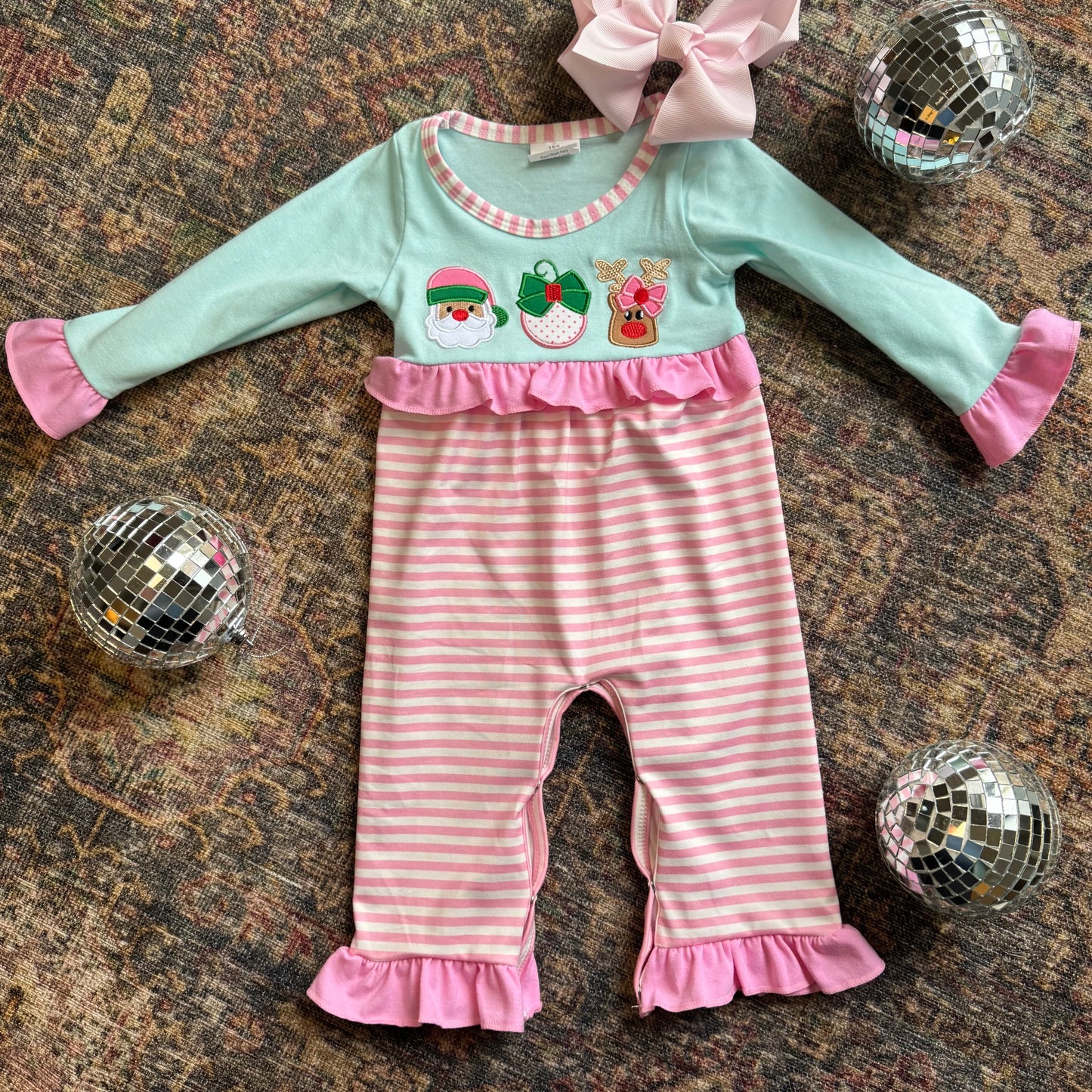 Pink Christmas Santa Reindeer Ornament Appliqué Ruffle Romper