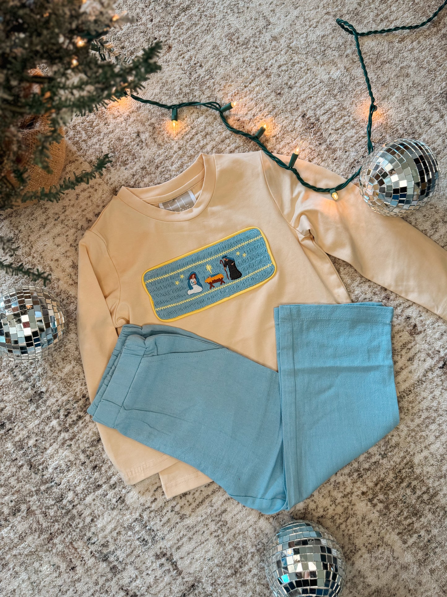 Light Brown Nativity Smocked Shirt and Blue Pants