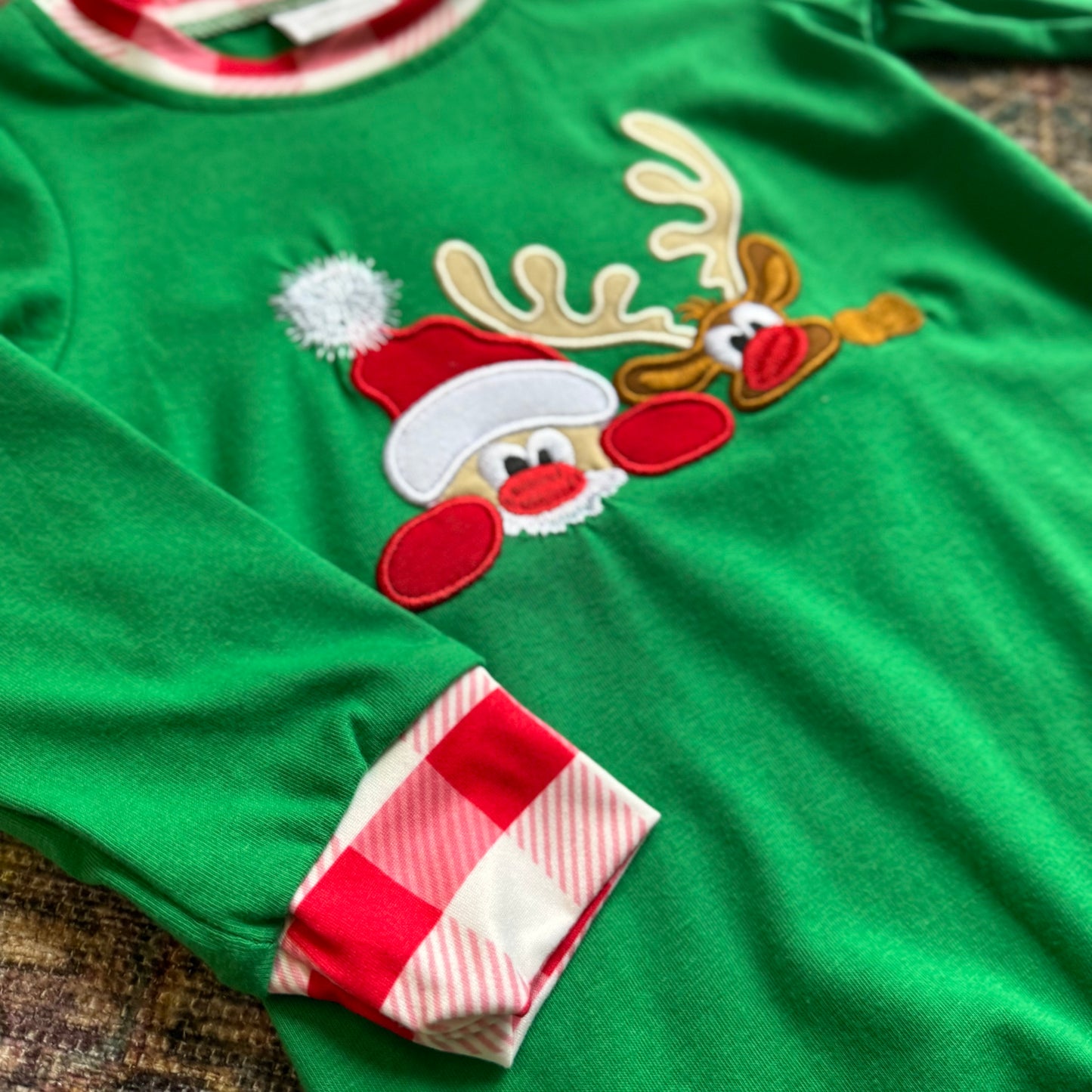 Green Santa Reindeer Appliqué Baby Boy Romper