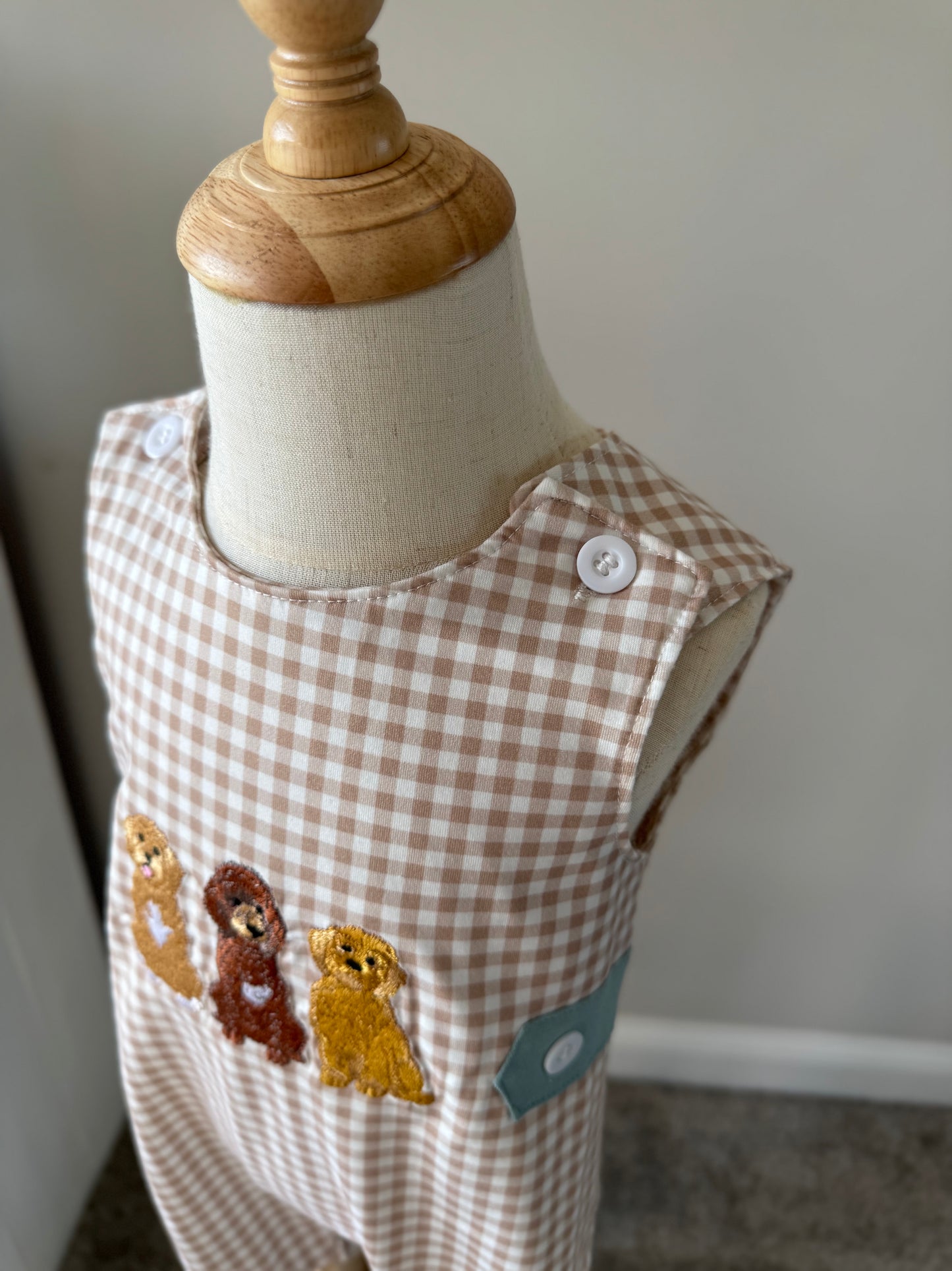 Embroidered Doodle Dog Jon Jon Gingham Overalls