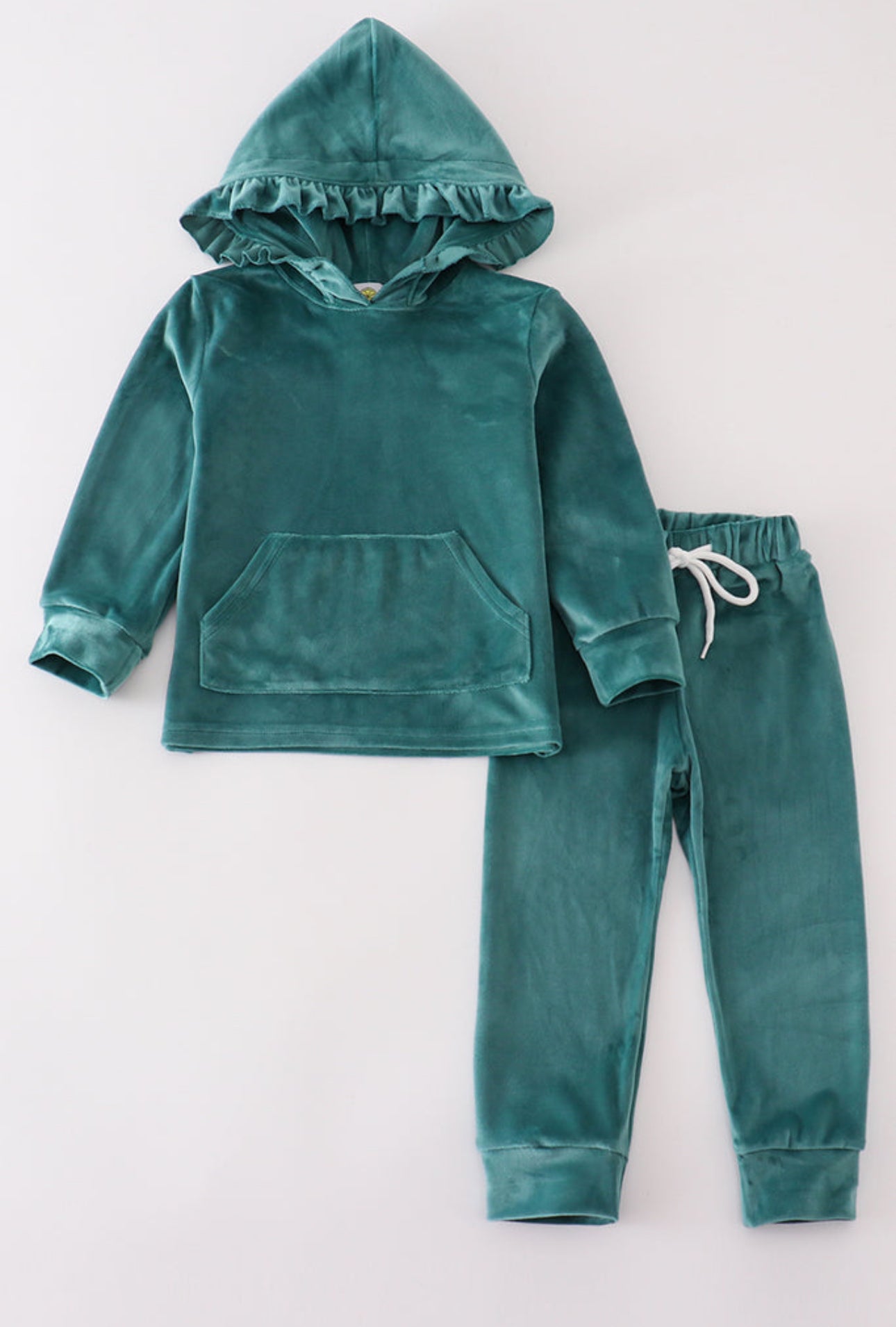 Teal Velvet Ruffle Hoodie Jogger Set