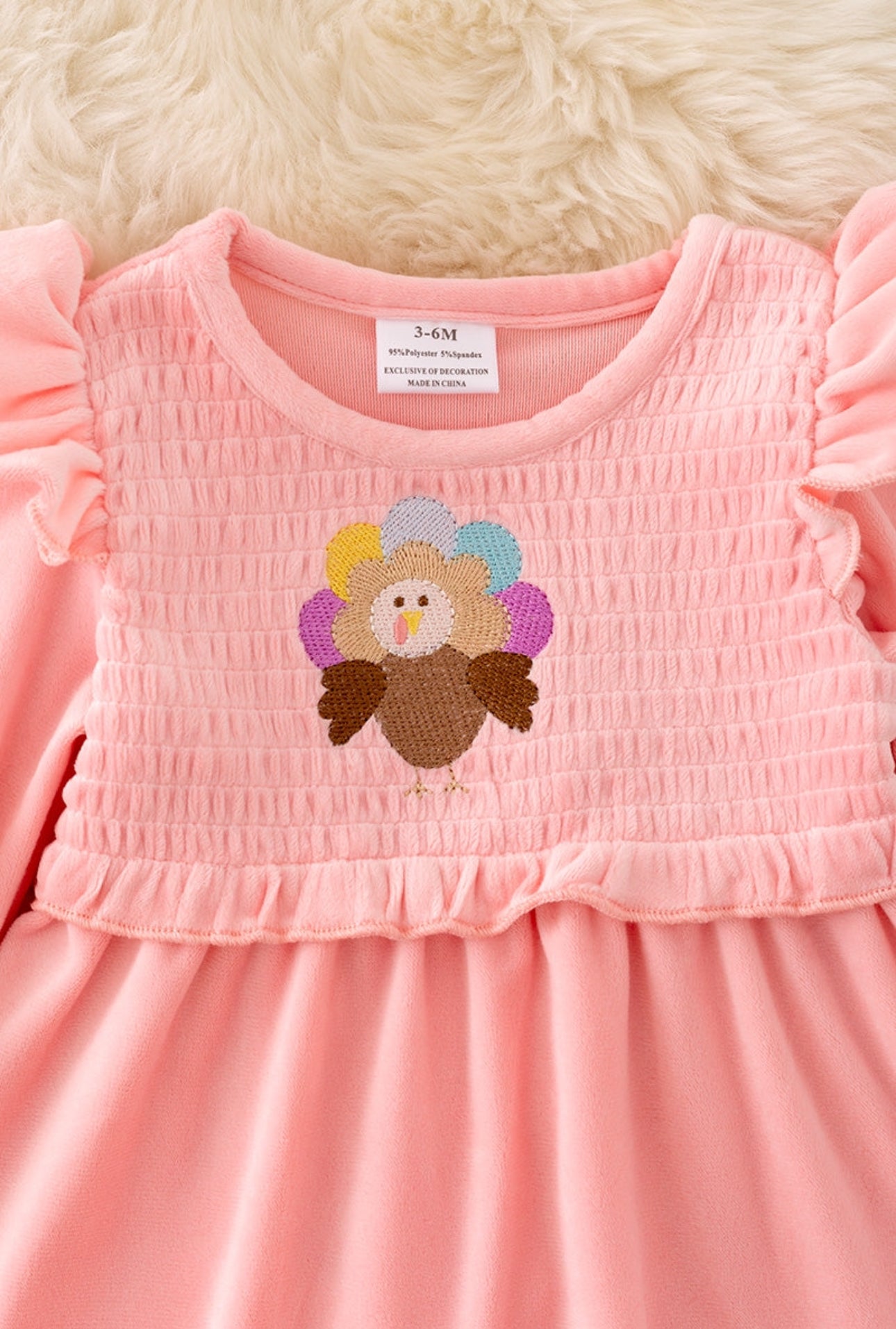 Pink Embroidered Turkey Velvet Baby Thanksgiving Set