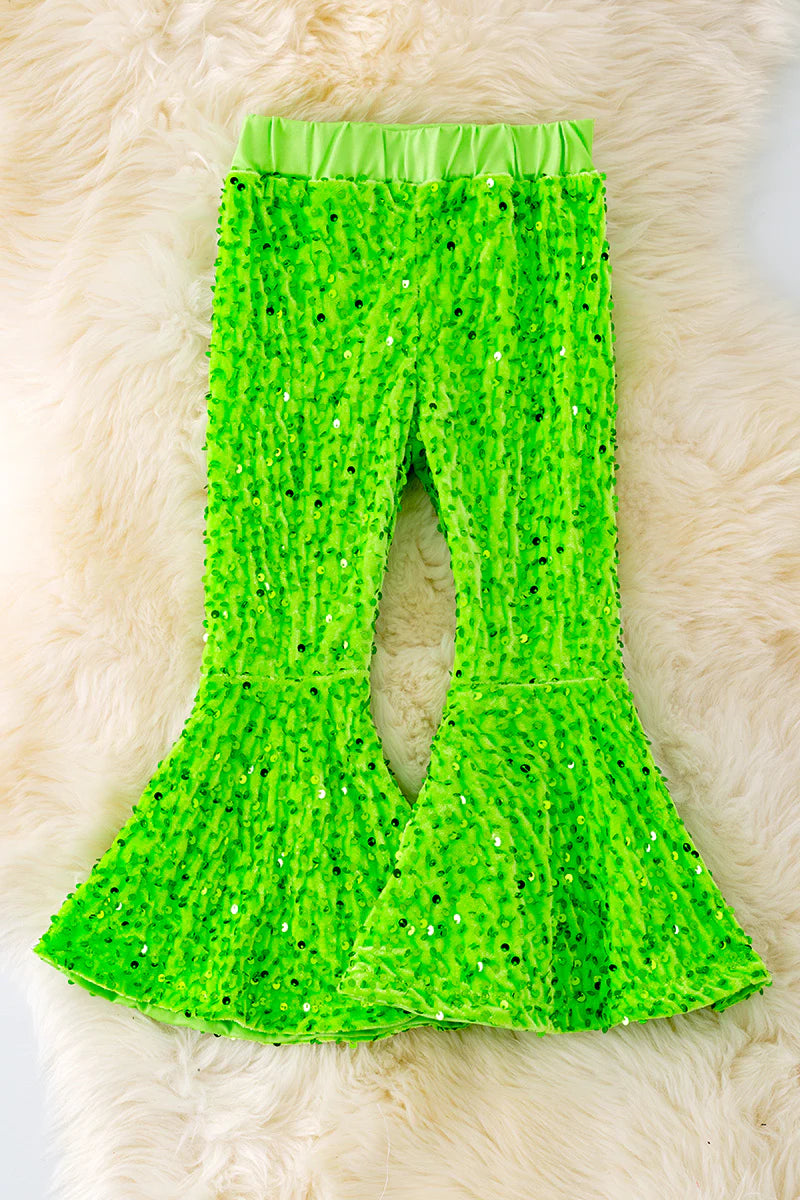 Neon Green Sequin Bell Bottom Pants