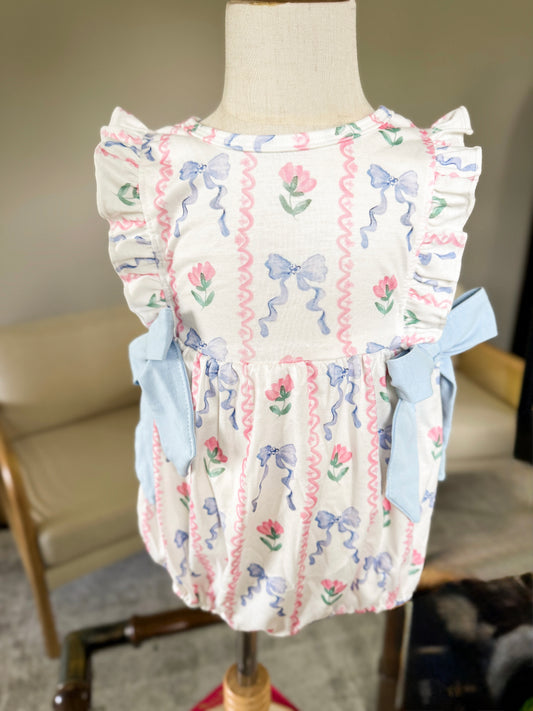 Grandmillenial Print Girls Ruffle Bubble Romper