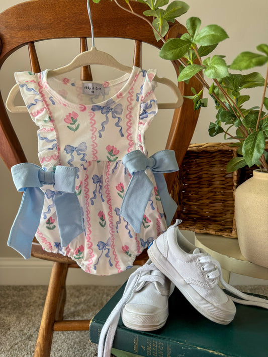 Grandmillenial Print Girls Ruffle Bubble Romper
