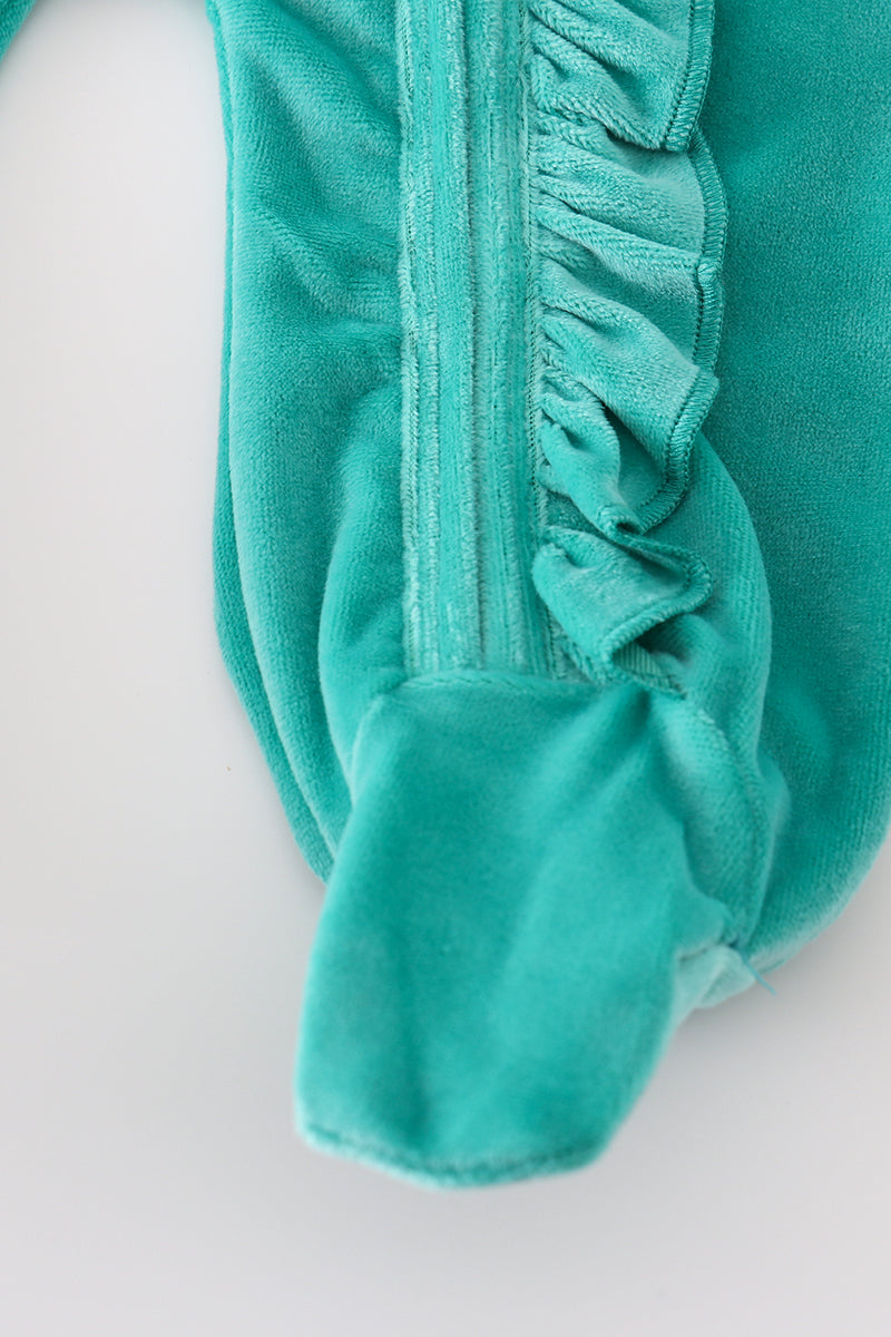 Turquoise Velvet Baby Ruffle Zip Romper