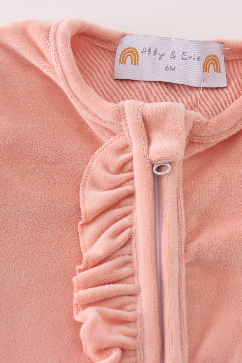 Peach Velvet Baby Ruffle Zip Romper