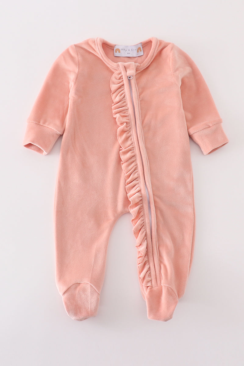 Peach Velvet Baby Ruffle Zip Romper