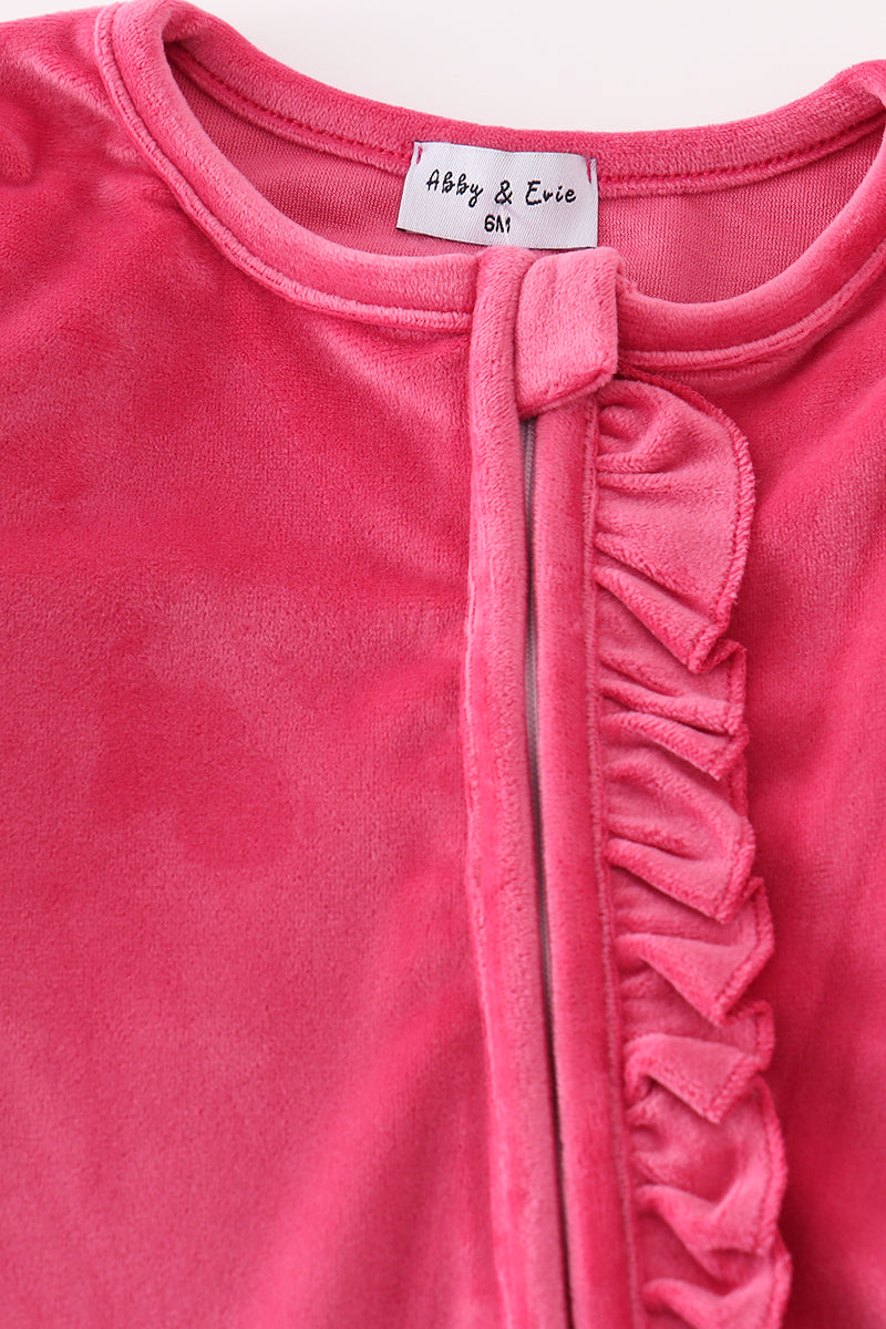 Hot Pink Velvet Baby Ruffle Zip Romper