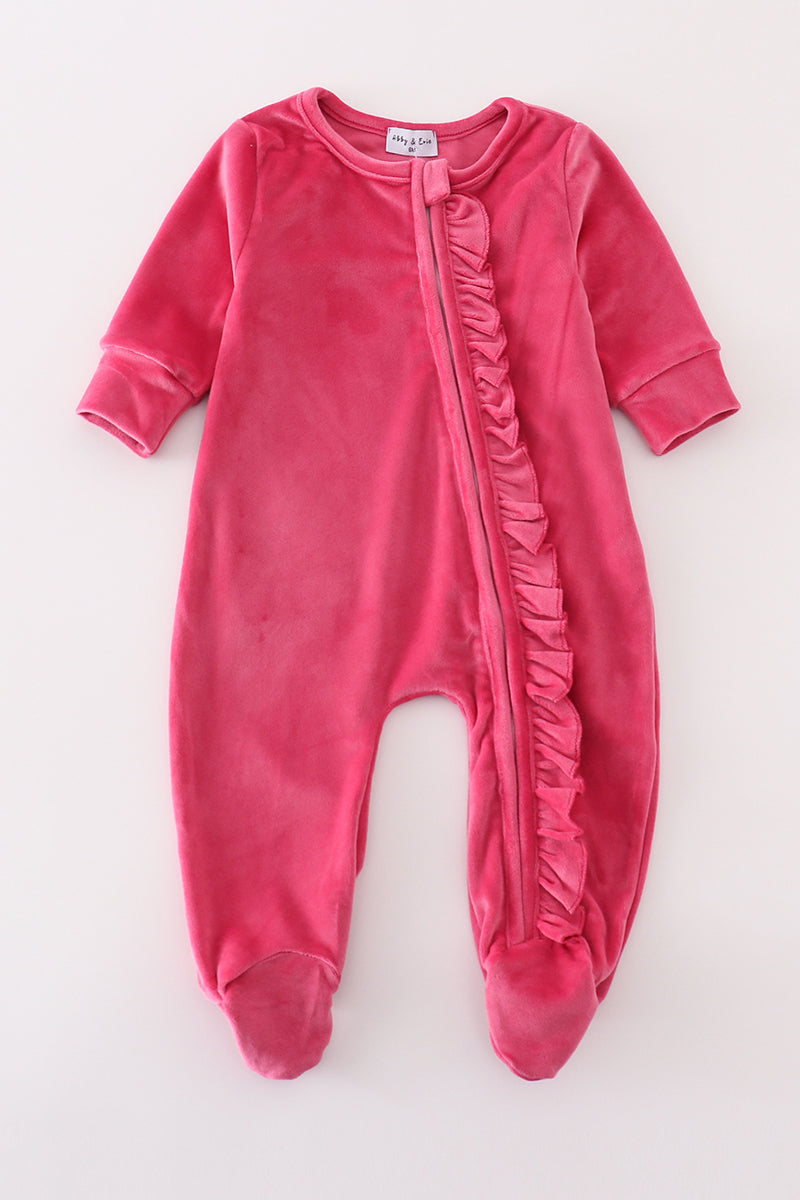 Hot Pink Velvet Baby Ruffle Zip Romper