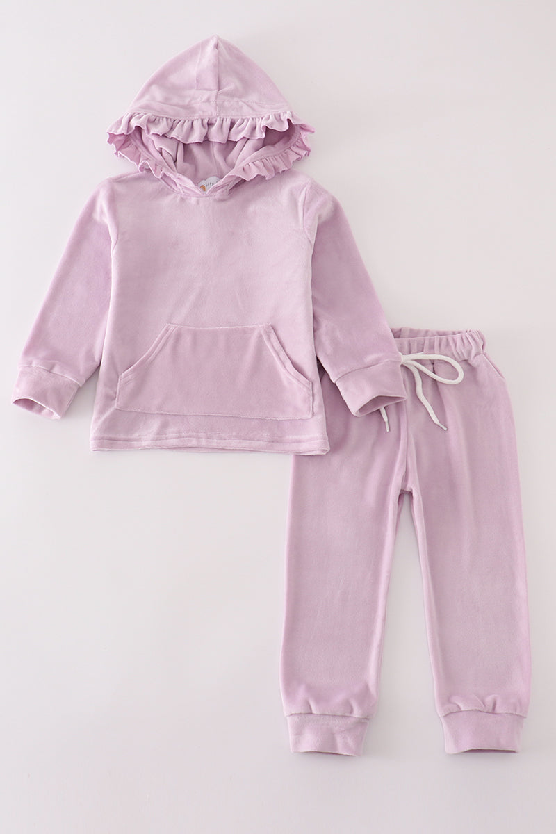 Lavender Velvet Ruffle Hoodie Jogger Set