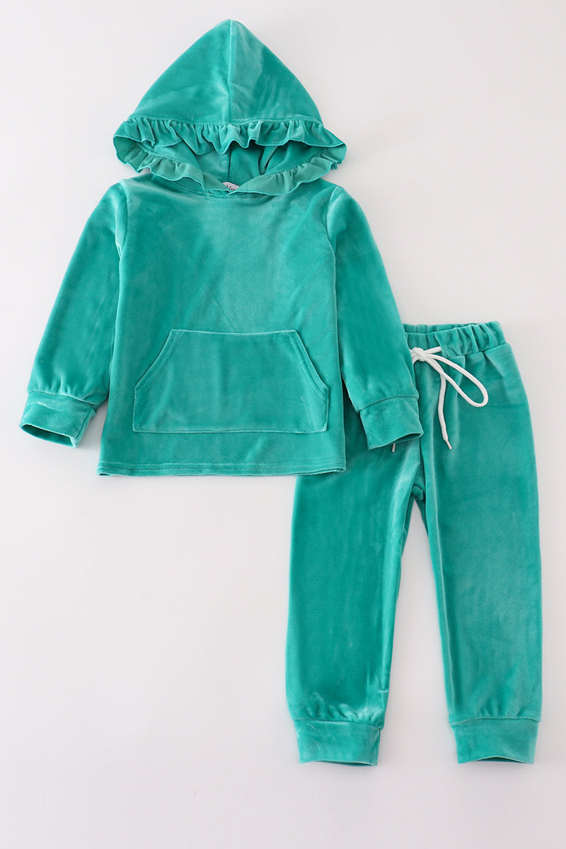 Turquoise Velvet Ruffle Hoodie Jogger Set