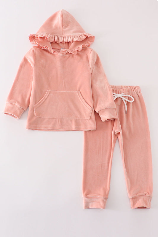 Peach Velvet Ruffle Hoodie Jogger Set