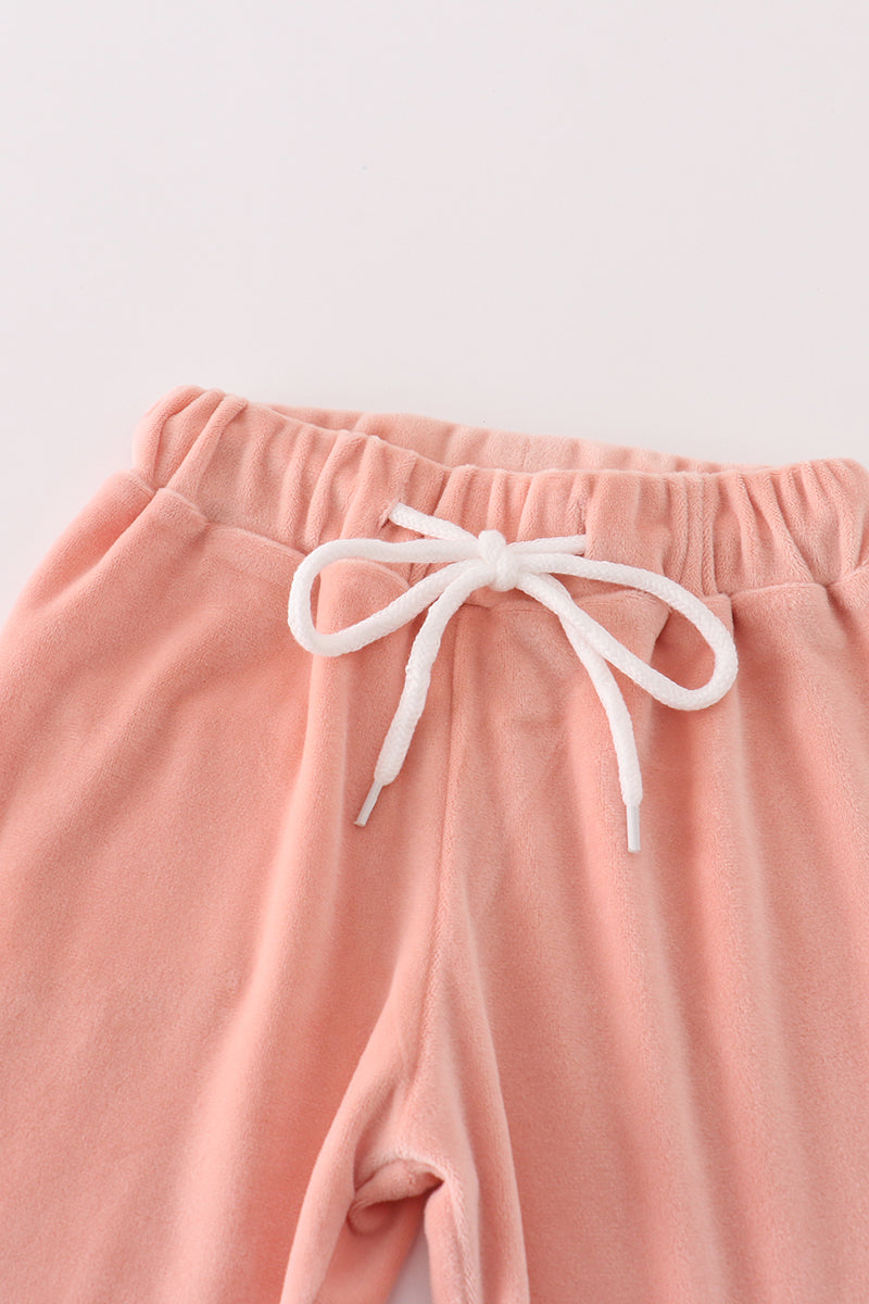 Peach Velvet Ruffle Hoodie Jogger Set