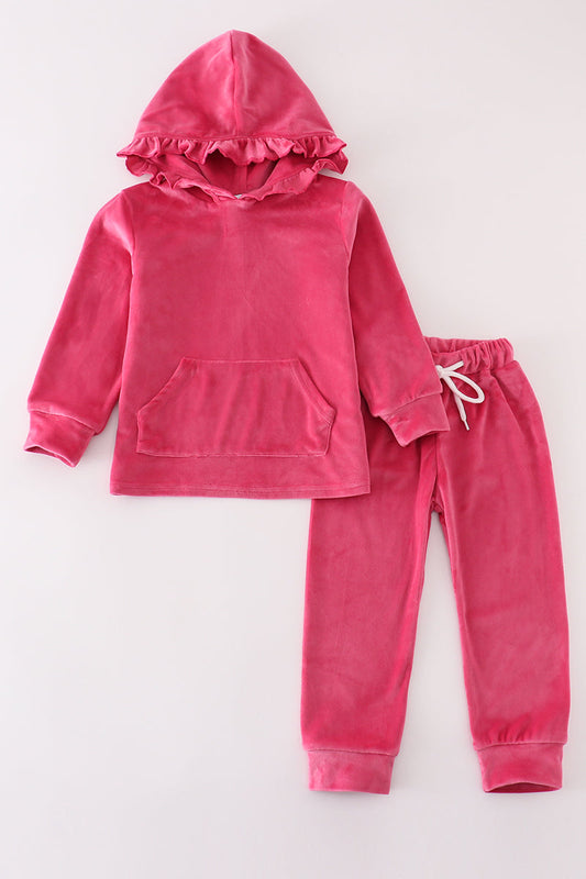 Hot Pink Velvet Ruffle Hoodie Jogger Set