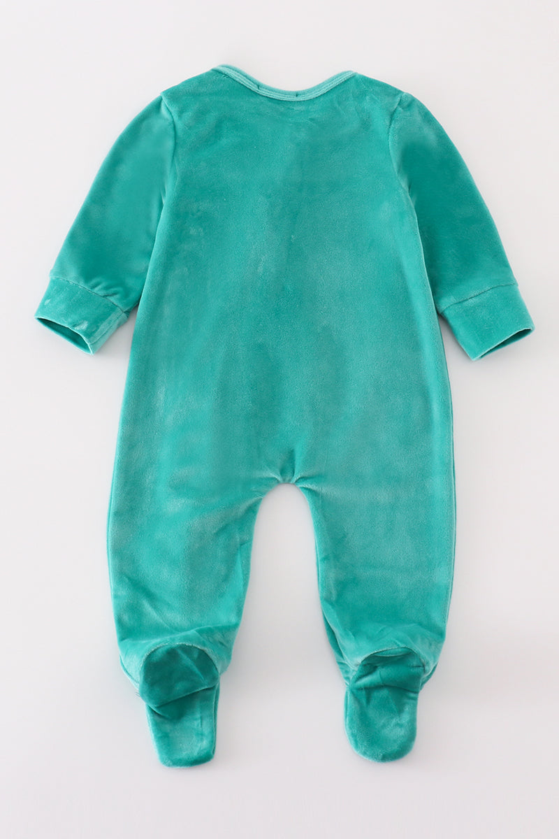 Turquoise Velvet Baby Ruffle Zip Romper