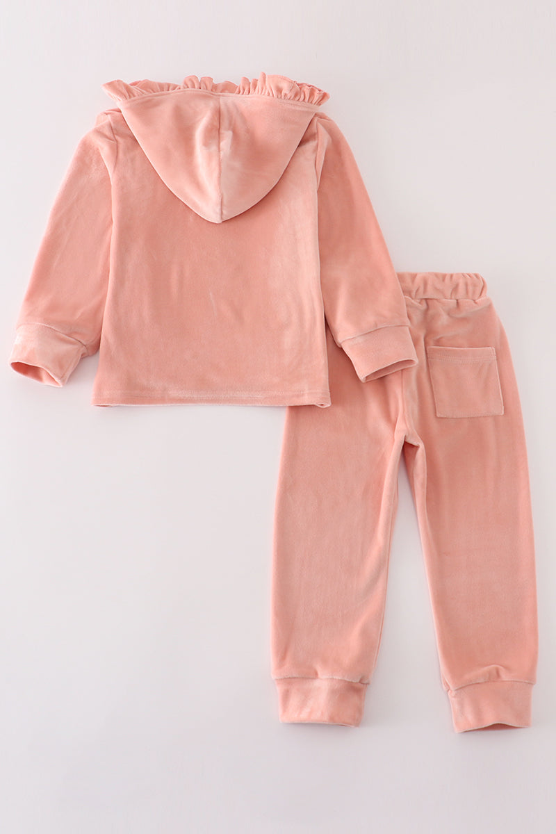 Peach Velvet Ruffle Hoodie Jogger Set